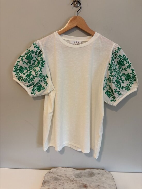 THML Tops - THML Women’s Large White Embroidered Puff Sleeve Top Green Floral Boho Shirt